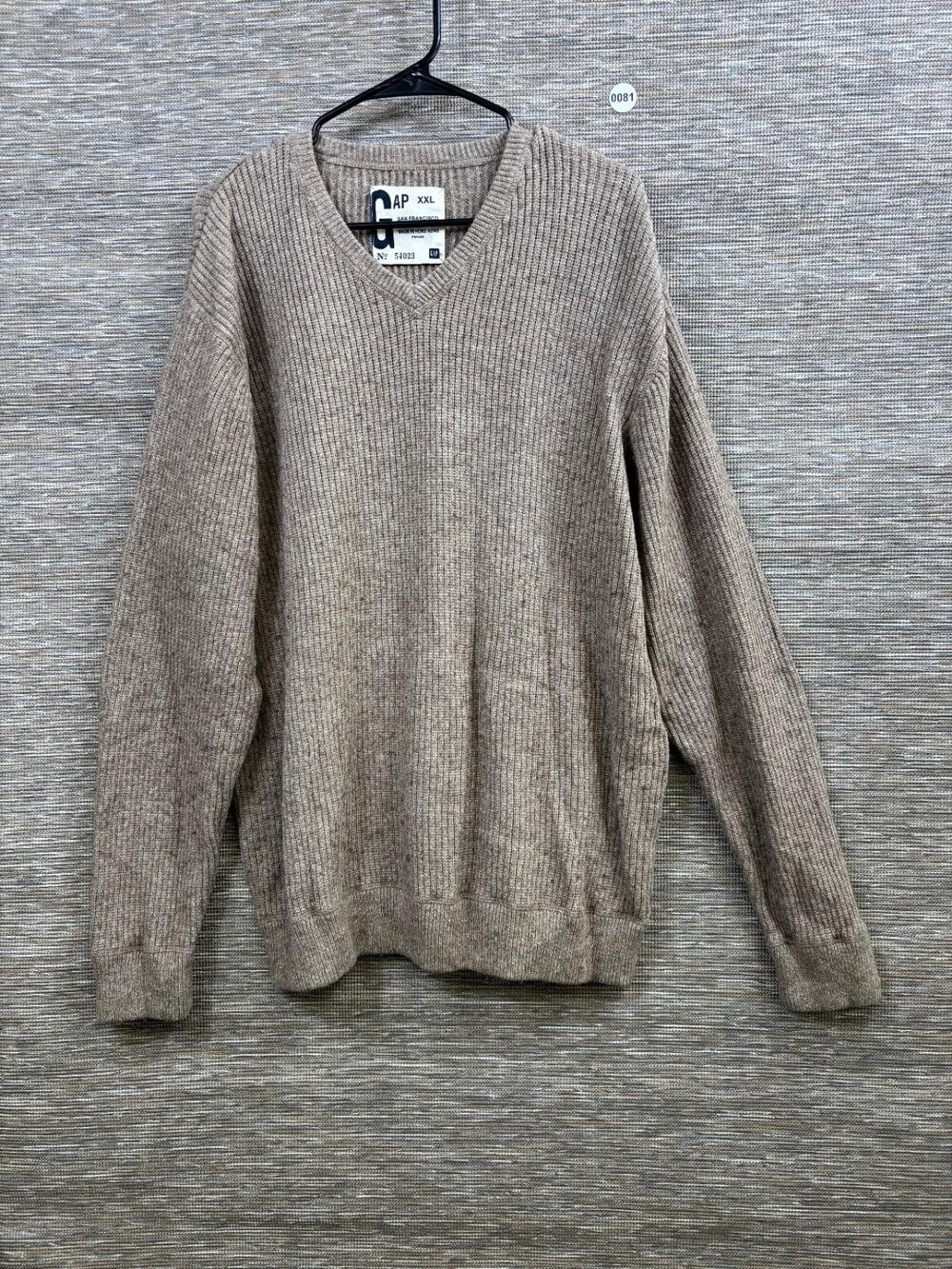 GAP Wool Blend Sweater Mens Size 2XL Beige V-Neck Rib Knit Pullover